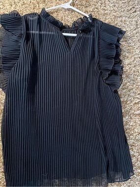 Anthropologie Navy Sheer Pleated Ruffle Sleeve blouse